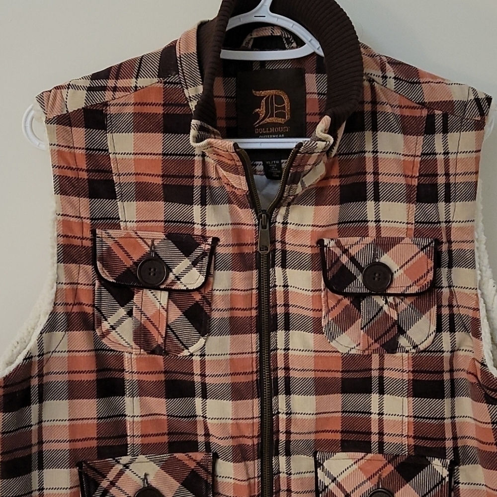 DOLLHOUSE Barbie Plaid Flannel Quilted Corduroy Zipper Gilet Vest - Picture 2 of 7